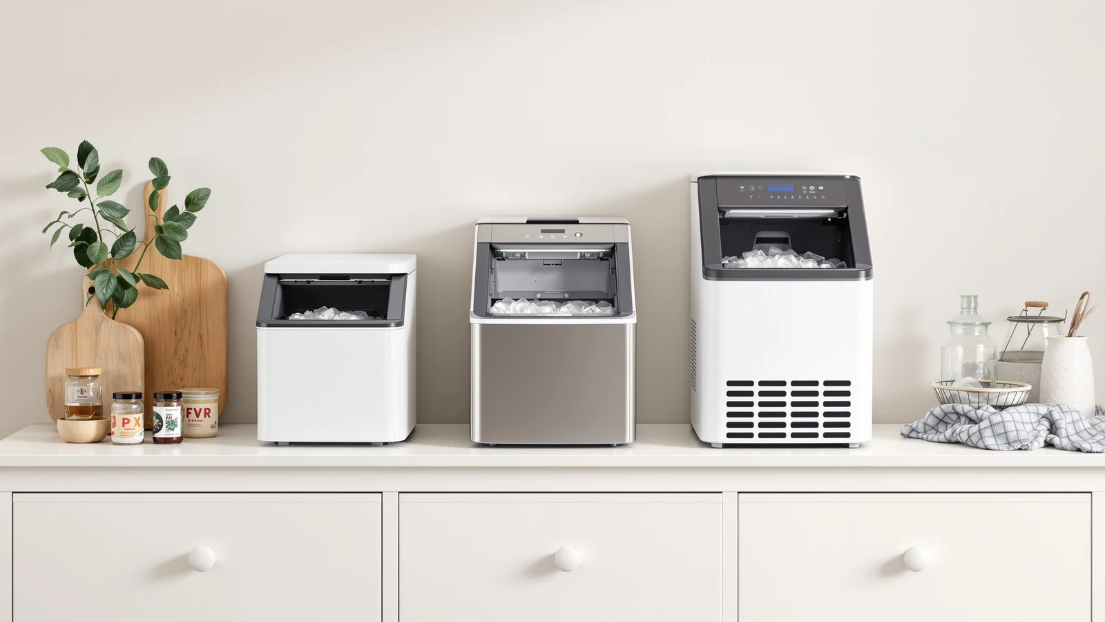 Budget countertop nugget ice maker on a kitchen counter beside a glass of soft chewable ice, representing the under-$150 price tier