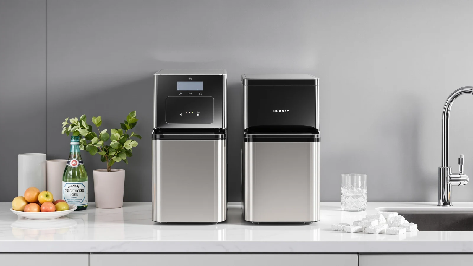 GE Profile Opal Ultra and GE Profile Opal Mini nugget ice makers side by side on a kitchen counter
