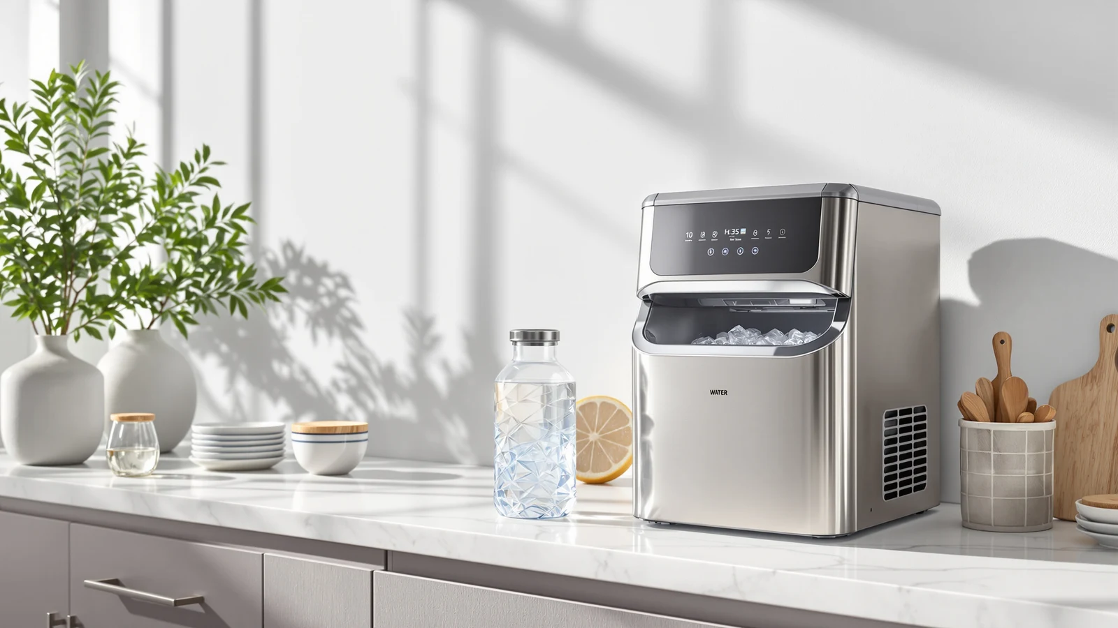Close-up of a countertop nugget ice maker's open water reservoir being filled from a jug, beside a glass of soft chewable ice pellets