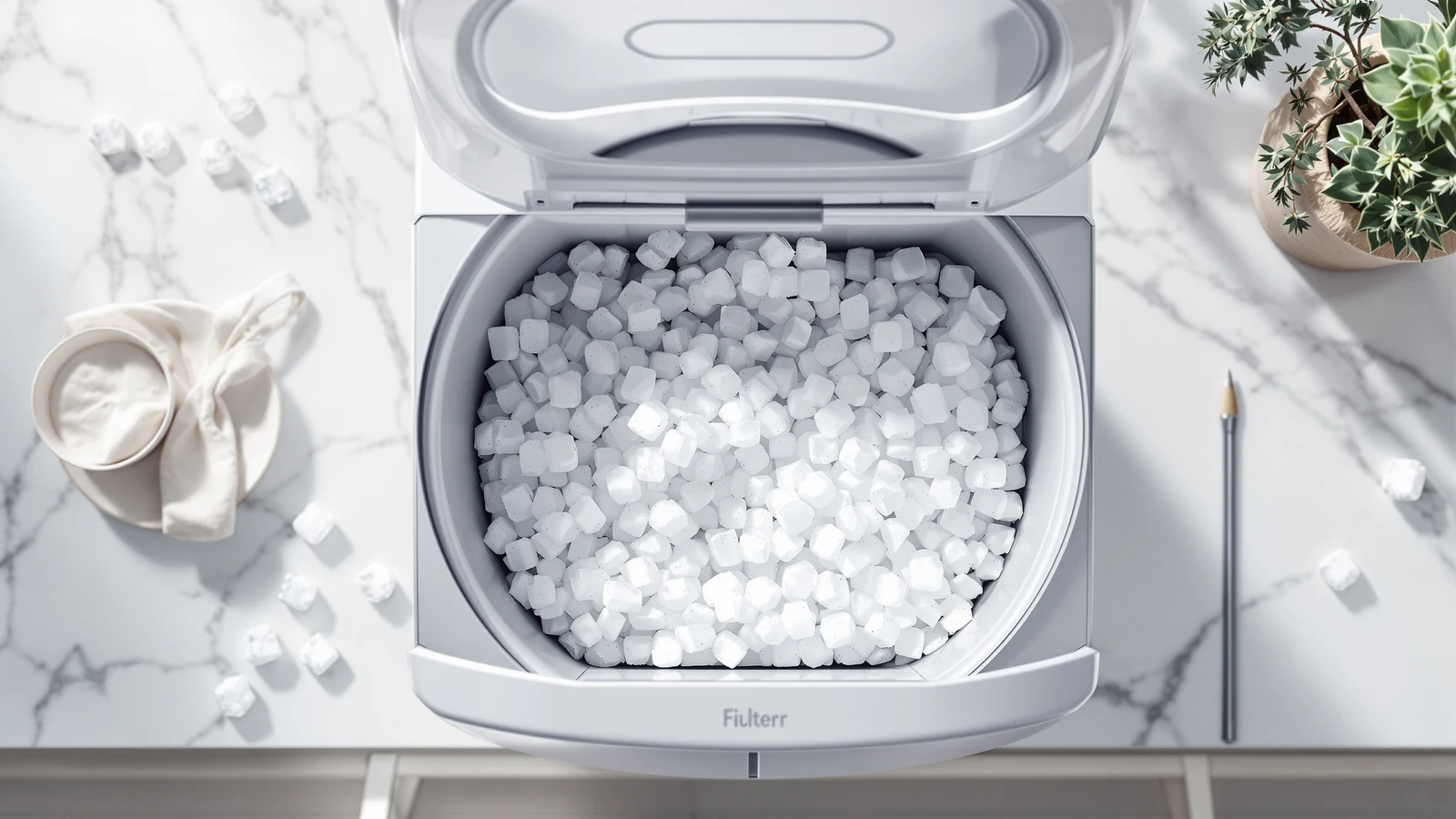 Soft chewable nugget ice pellets sitting in a countertop ice maker's bin with a small pool of meltwater at the bottom